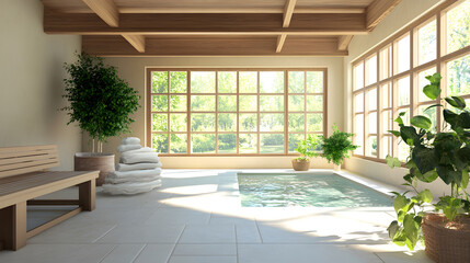 Fototapeta premium Luxurious spa interior with natural light, plants, and serene pool