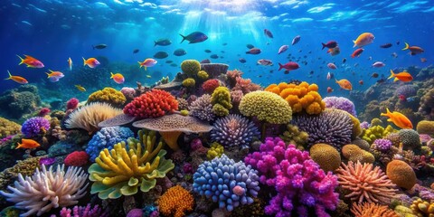 Naklejka premium Vibrant and diverse coral reef ecosystem in the sea, marine life, colorful, underwater