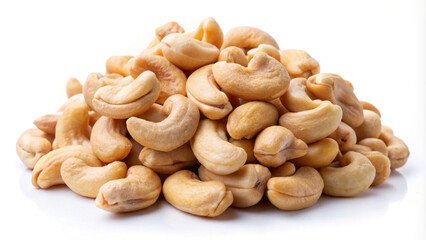 Natural pile of cashew nuts, isolated on white background, ideal for food and nutrition themes.