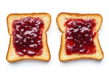 Toast with berry jam and peanut butter Overhead shot on white background