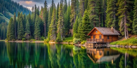 Fototapeta premium Cozy cabin nestled among pine trees by the tranquil lake shore, cabin, pine trees, forest, lake, nature, serene, peaceful