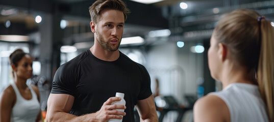 Fitness Coach Discussing Health Benefits at Modern Gym for Wellness Promotion