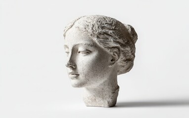 Minimalist presentation of one plaster copy of an ancient Venus statue's head, isolated on a pure white background; the simplicity of the scene highlights the statue's elegance and timelessness