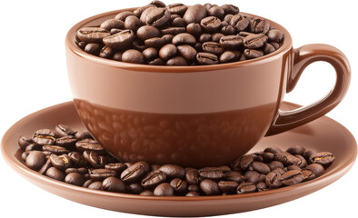 Fototapeta premium Brown coffee cup filled with roasted coffee beans on saucer, close-up view. Caffeine and beverage concept