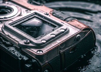 Obraz premium Damaged Camera in Water - Faulty Photography Equipment for Sale and Repair Concept in Night Photography