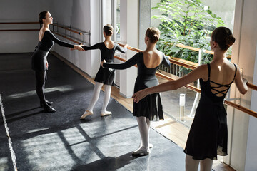 Rear view of three young girls wearing elegant dance leotards learning ballet positions at barre...