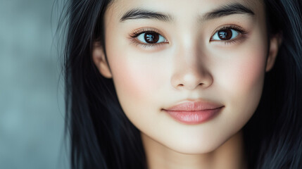 Fototapeta premium Asian Woman with Dark Hair and Radiant Skin