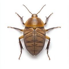 A detailed close-up of a brown bed bug, showcasing its segmented body, antennae, and legs against a plain background.