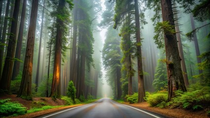 Fototapeta premium Foggy redwood highway with towering trees and misty ambiance, Redwoods, Highway, Foggy, Misty, Atmosphere, Travel, Scenic