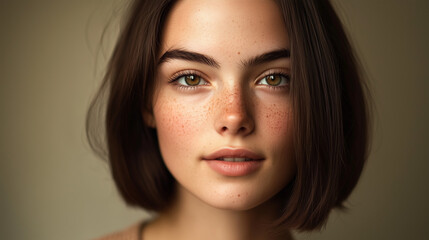 Naklejka premium Freckled Young Woman with Bob Haircut and Green Eyes