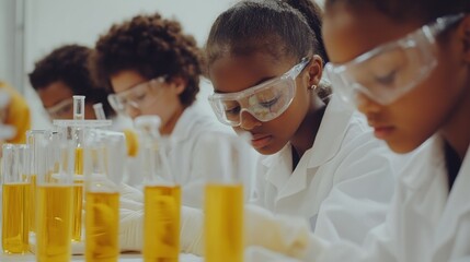 Focused Young Multiracial Scientists Conducting Experiments in Chemistry Lab. Generative ai