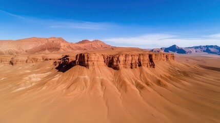 Fototapeta premium Aerial shot of highaltitude mountain desert, red and orange rocks, stark shadows, mountain arid, harsh environment, dramatic views