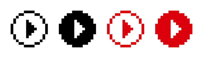 Play 8 bit pixel button minimalist round icon. Red play button symbol.