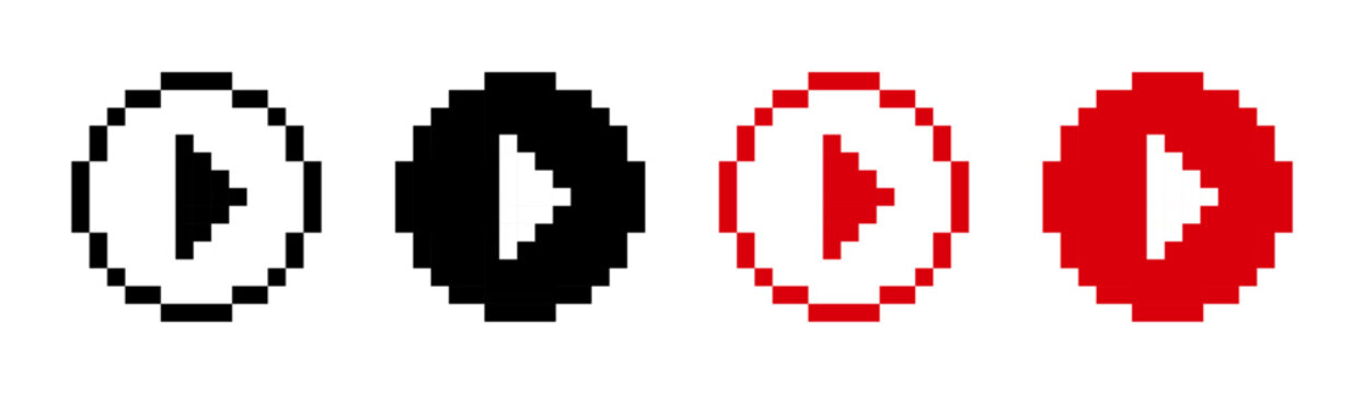 Play 8 bit pixel button minimalist round icon. Red play button symbol.