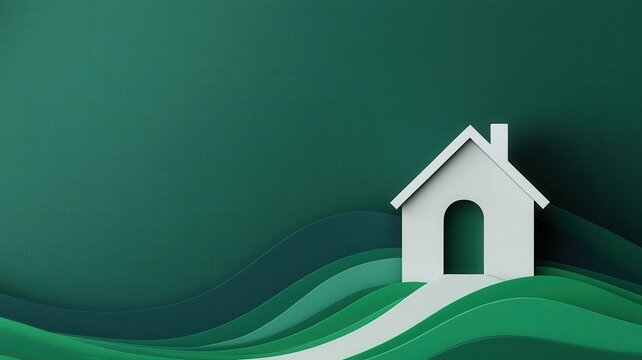 Minimalist house illustration on a green abstract background, perfect for real estate, home decor, and environmental themes.