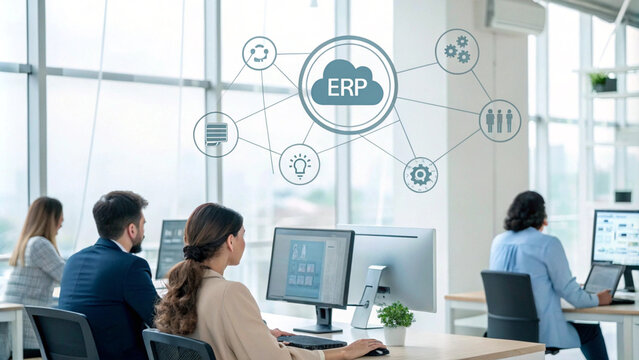 Business People Working on Computers with ERP Cloud Network Icon