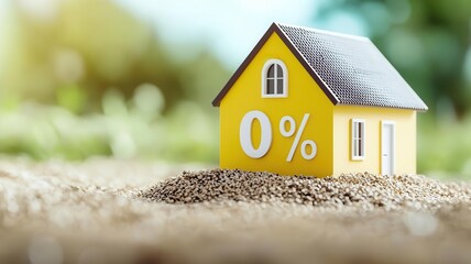 A vibrant yellow house model displaying a zero interest rate, symbolizing affordable housing and mortgage opportunities.