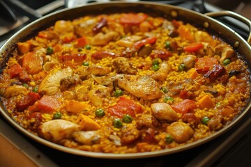 Traditional pan of paella featuring chicken chorizo seafood vegetables and saffron seen from above