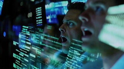 Worried investors gathered around multiple screens, analyzing financial data and market trends, reflecting the tension and uncertainty in the investment world.