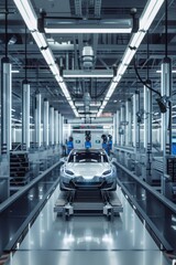 Naklejka premium Futuristic Automotive Factory: Autonomous Vehicles Production with Advanced Robotics