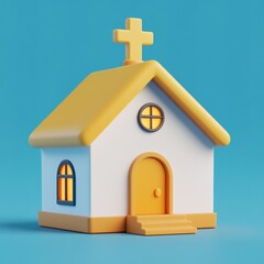 Whimsical Church on a Bright Blue Background