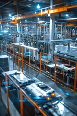 Naklejka premium Futuristic Electric Vehicle Battery Factory with Automated Production Systems