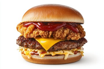 Twin chicken burger topped with ketchup cheese and mayo on a plain white backdrop