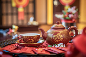 Traditional chinese tea ceremony celebrating lunar new year with red envelopes
