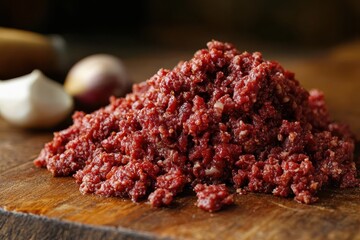 Uncooked minced beef on a board