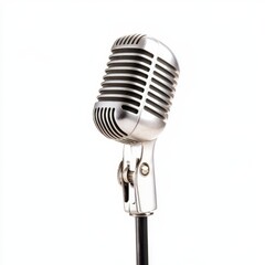 A classic silver microphone, perfect for singing and capturing sound, set against a clean white background.