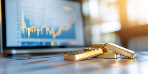 bright image of gold bars on table with digital financial chart in background, symbolizing wealth and investment opportunities