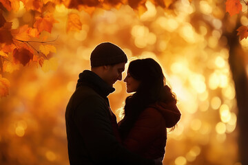 A couple shares a tender moment together amidst vibrant autumn leaves at sunset