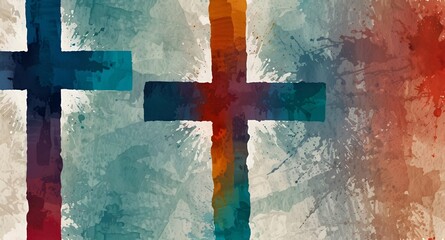 Christian cross on colorful watercolor painting art with divine light, copy space background