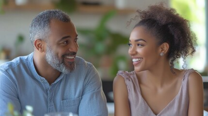 Fototapeta premium Joyful Conversation Between Mature Multiracial Couple at Home - Togetherness and Connection. Generative ai