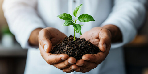 close up of hands holding seedling with soil, symbolizing growth and nurturing. This captures essence of care for nature and environment