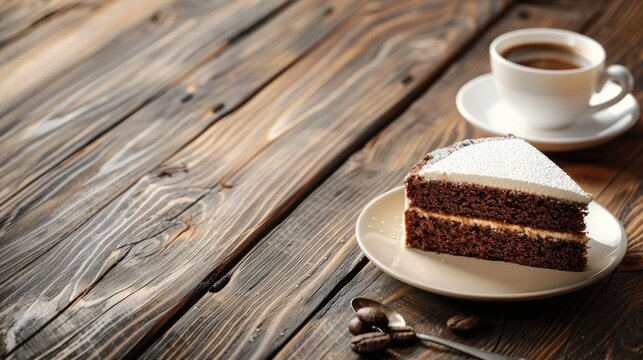 Cappuccino coffee and cake on wooden table with space for text