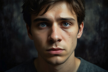 Obraz premium A portrait of a young man expressing deep sadness; tear-filled eyes and soft lighting against a dark background with ethereal brushstroke effects