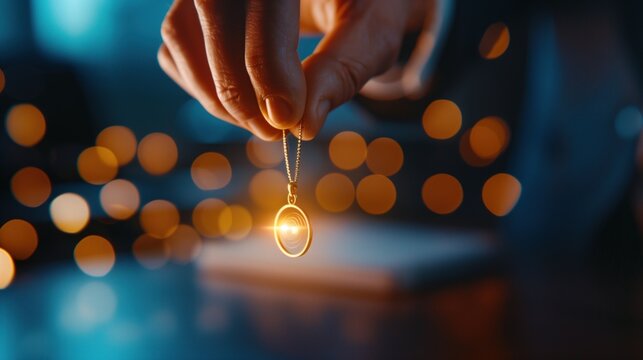 Elegant hypnotists hand holding a spinning pendant against blurred bokeh lights in vibrant atmosphere