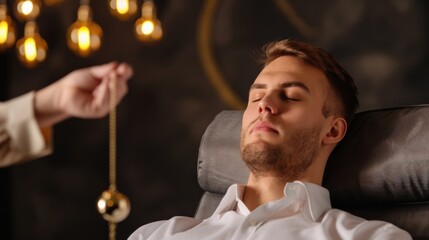 Man in hypnosis session with therapist using pendulum for relaxation