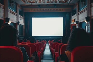 Red chairs  blank screen  silhouettes watching movie in cinema.