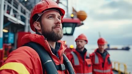 Obraz premium Crew conducting safety checks on large vessel ensuring maritime operations are safe and efficient