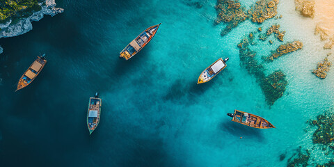 Aerial View of Boats on Clear Blue Water Near Rocky Coast