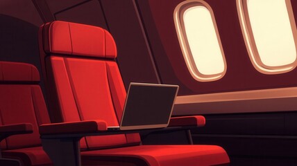 Obraz premium An empty airplane seat with a laptop, creating a serene space for travel and work onboard, perfect for digital nomads.