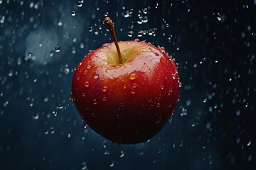 Red Apple in Water Drops - Fresh Fruit Photography
