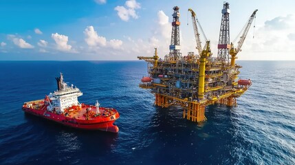 Large oil platform and marine support vessel anchored in open waters