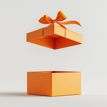 Floating orange gift box with ribbon: creative and minimalist design concept