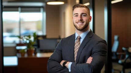 Fototapeta premium Confident young professional in suit smiling with arms crossed in modern office setting