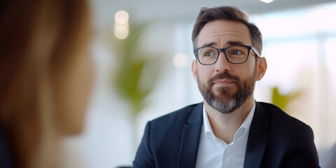 professional man in suit listens attentively during business meeting, showcasing engagement and focus. background features soft lighting and greenery, enhancing atmosphere