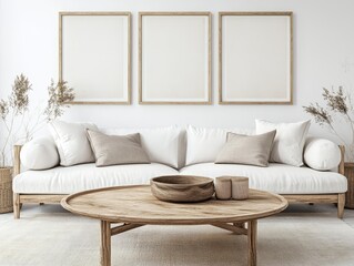 Three template mockup of clean empty rectangle white color on the wall in a frame as a blank picture on the background of the interior of a bright living room with white sofa, wooden boho style 