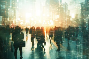 Abstract city with business people and network interface overlay.